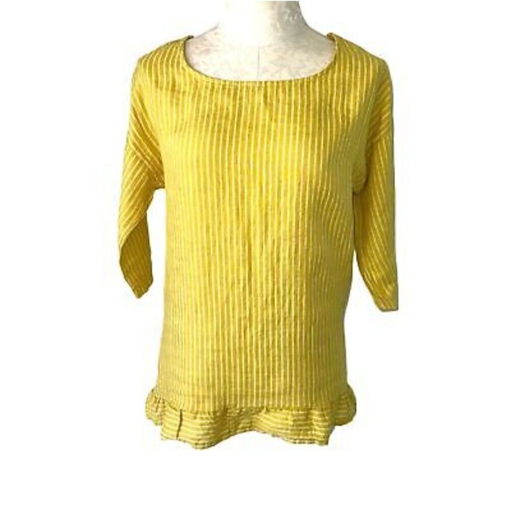 Lungo L'arno NWT Mustard Linen Striped Ruffle Hem Top Size M